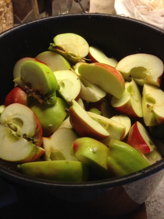Colorful Apple bits in the cooking pot