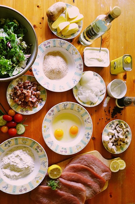 cooking lunch meat eggs oil spices herbs