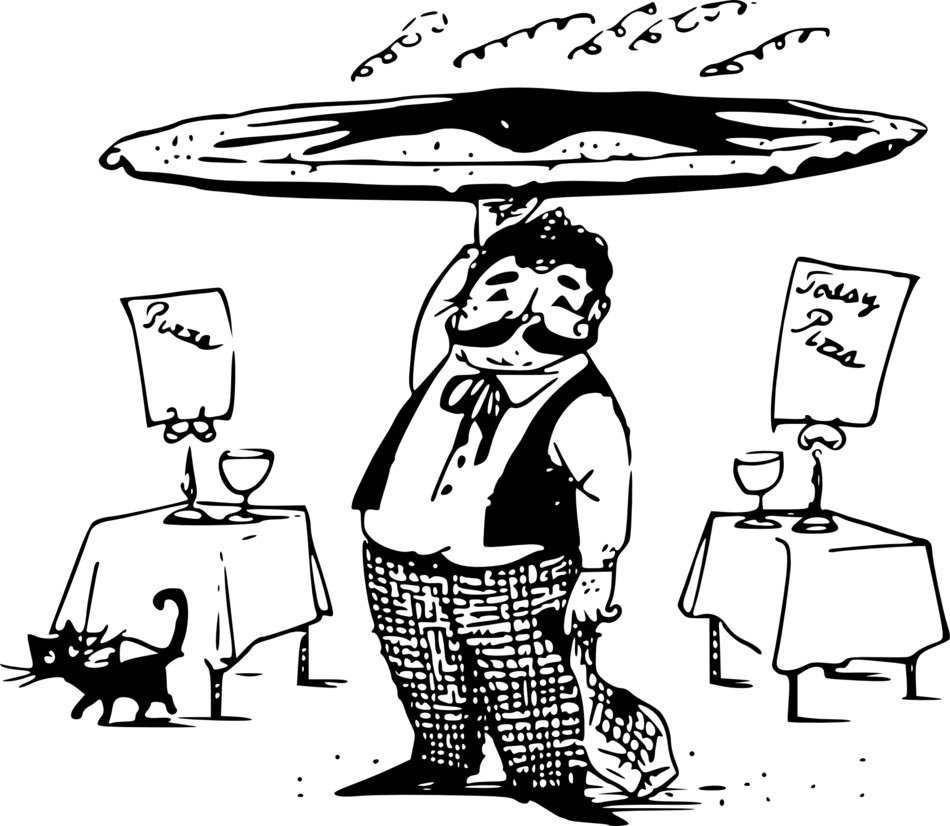 drawn waiter in italian pizzeria