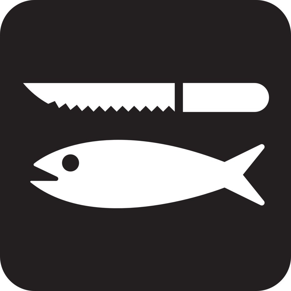 drawn fish and knife on black background