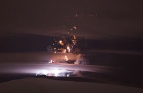 scenic Volcano eruption at night, Iceland