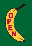 drawing of a banana with the inscription open on a green background