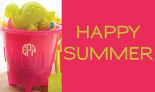 photo of beach toys and the inscription happy summer on a pink background