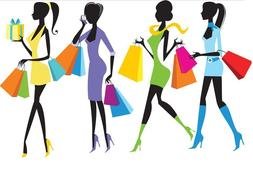 Four silhouettes of fashionable girls with shopping