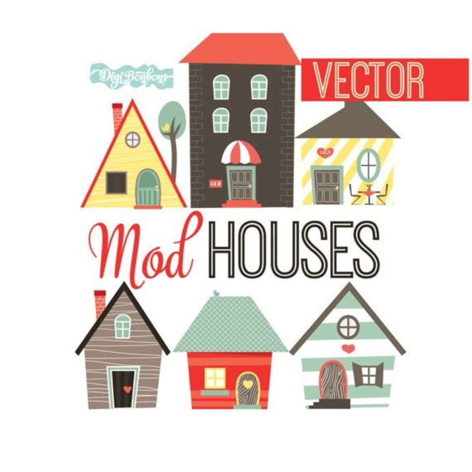 Retro Houses Vector Clipart INSTANT DOWNLOAD Digital House