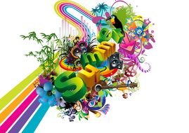 summer inscription on a background of rainbow and flowers