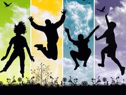 Silhouettes of happy young people jumping outdoor