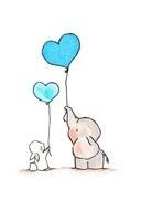 cartoon Elephant And Bunny with blue heart form balloons