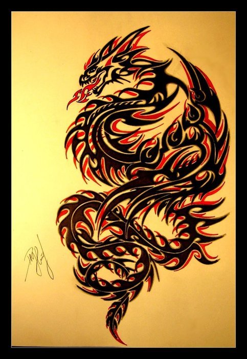 painted red-black dragon on a gold background