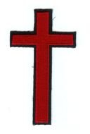 red cross with a black rim on a white background