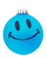 blue christmas ball with a smile