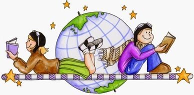 child boy and girl reading book at globe