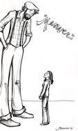 black and white drawing of a tall man near a small