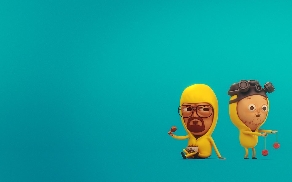 two cartoon characters in yellow costumes on a blue background