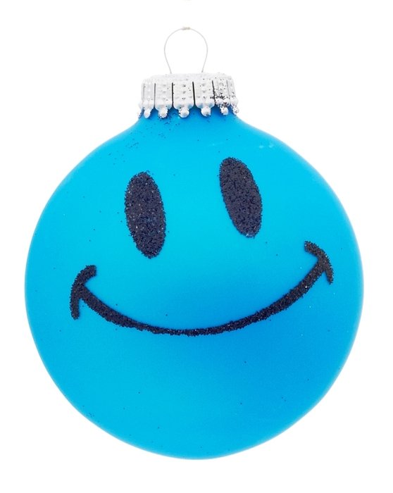 blue christmas ball with a smile