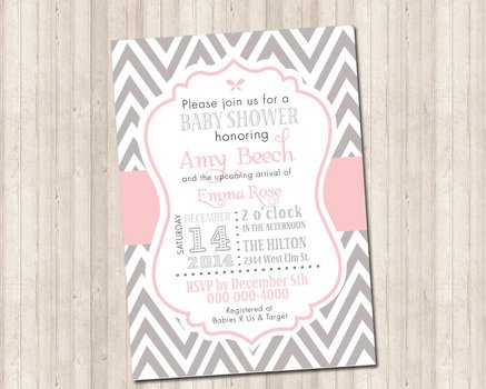Pink And Gray Baby Shower Invitations