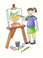 little girl draws on an easel drawing