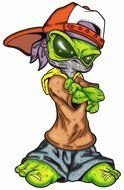 painted green alien in a cap