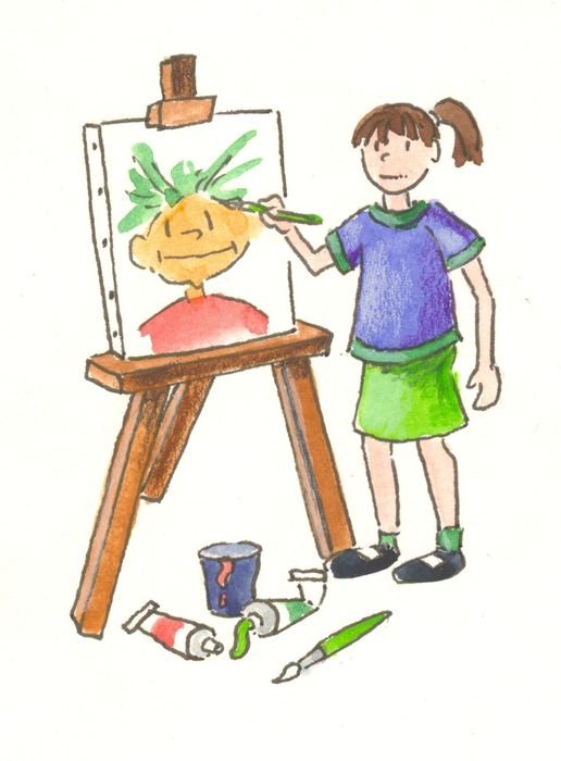 little girl draws on an easel drawing