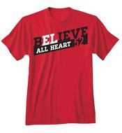 red t-shirt with black and white lettering