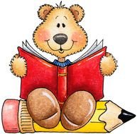 cartoon bear reads while sitting on a pencil