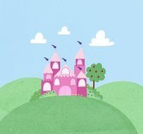 pink princess castle on a green hill