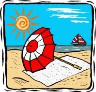 drawn umbrella and towel on the beach