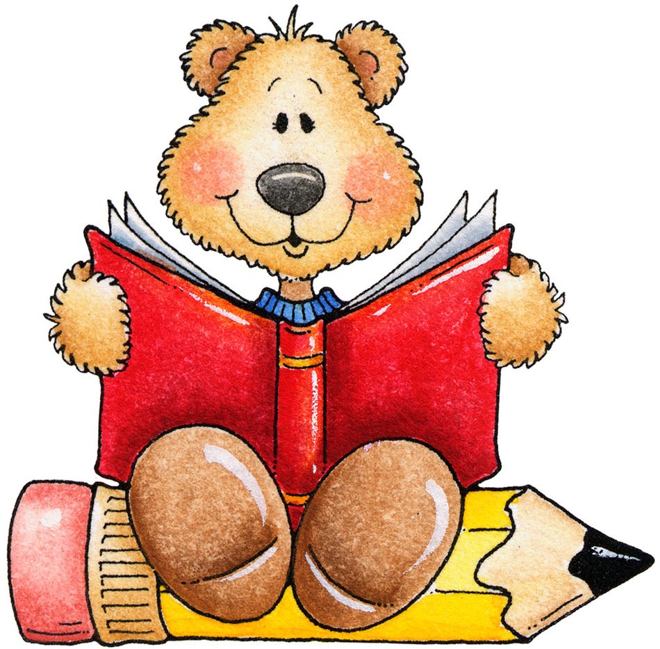 cartoon bear reads while sitting on a pencil