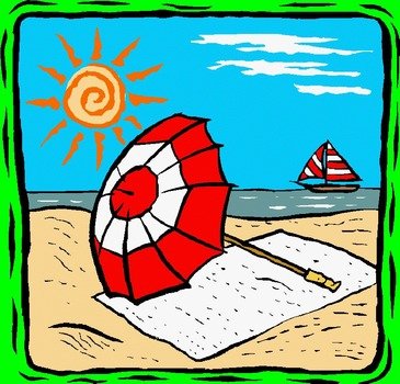 drawn umbrella and towel on the beach