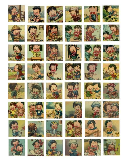 Vintage Chinese Children Cartoon Clip Art Collage Sheet 1 Inch Squares