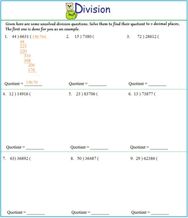 Decimal Division Worksheets