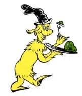 yellow cartoon character eating green ham