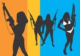 silhouettes of women with machine guns on a colored background