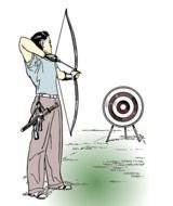 man shoots a bow at a target