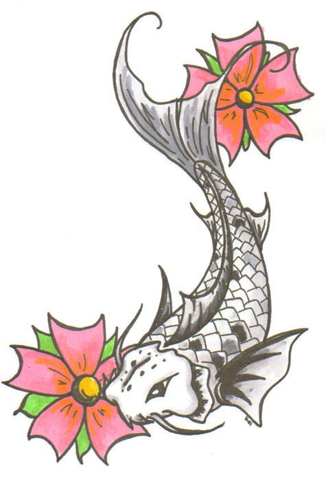 Pink Flowers And Koi fish, tattoo design
