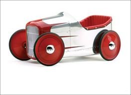 white toy car with red wheels