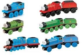 three multi-colored toy locomotive Thomas