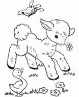 Black and white drawing of the sheep,duck and butterfly on the grass clipart