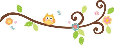 cartoon orange owl on a flowering branch