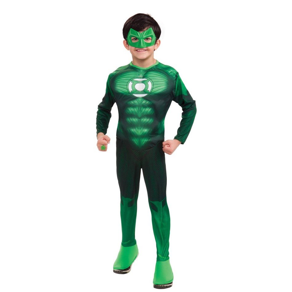 Boy in Costume of Green Lantern, superheroe of American comic books