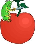 Cartoon Worm sawing stem of red apple
