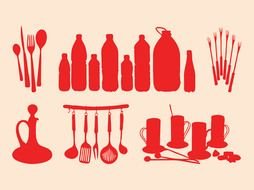 Kitchen tools and utilities, red Silhouettes