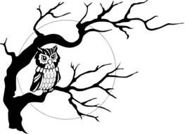 Black and white drawing of the moon and owl on the tree clipart