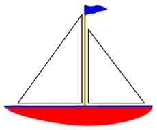 red sailing ship with blue flag