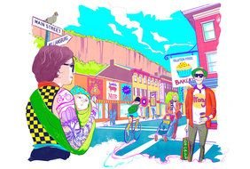 hipster, young woman with baby in city, artwork