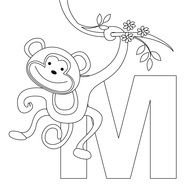black and white picture of the letter M with a monkey pattern