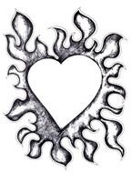 black and white tattoo with heart and flame