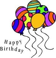 clipart of Happy Birthday, lettering beneath balloons, greeting card