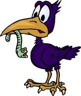 purple cartoon bird with a worm