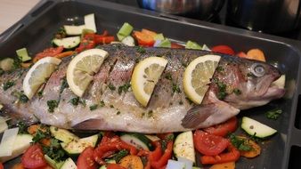 raw salmon with vegetables on baking pan